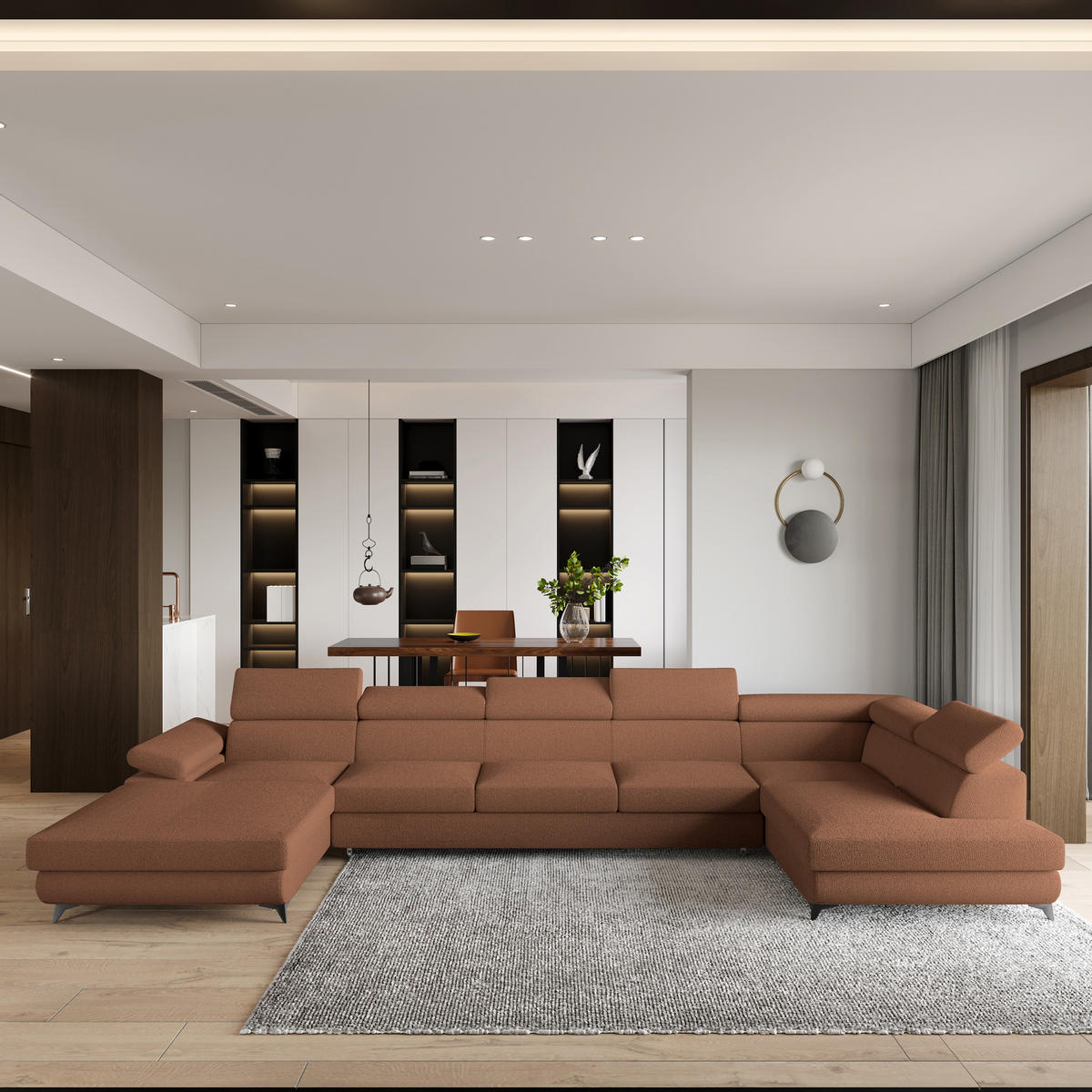 ROHOVÁ SEDAČKA MONTIVA měděná - černá/měděná, kov/dřevo (410/190cm) - MASSENO