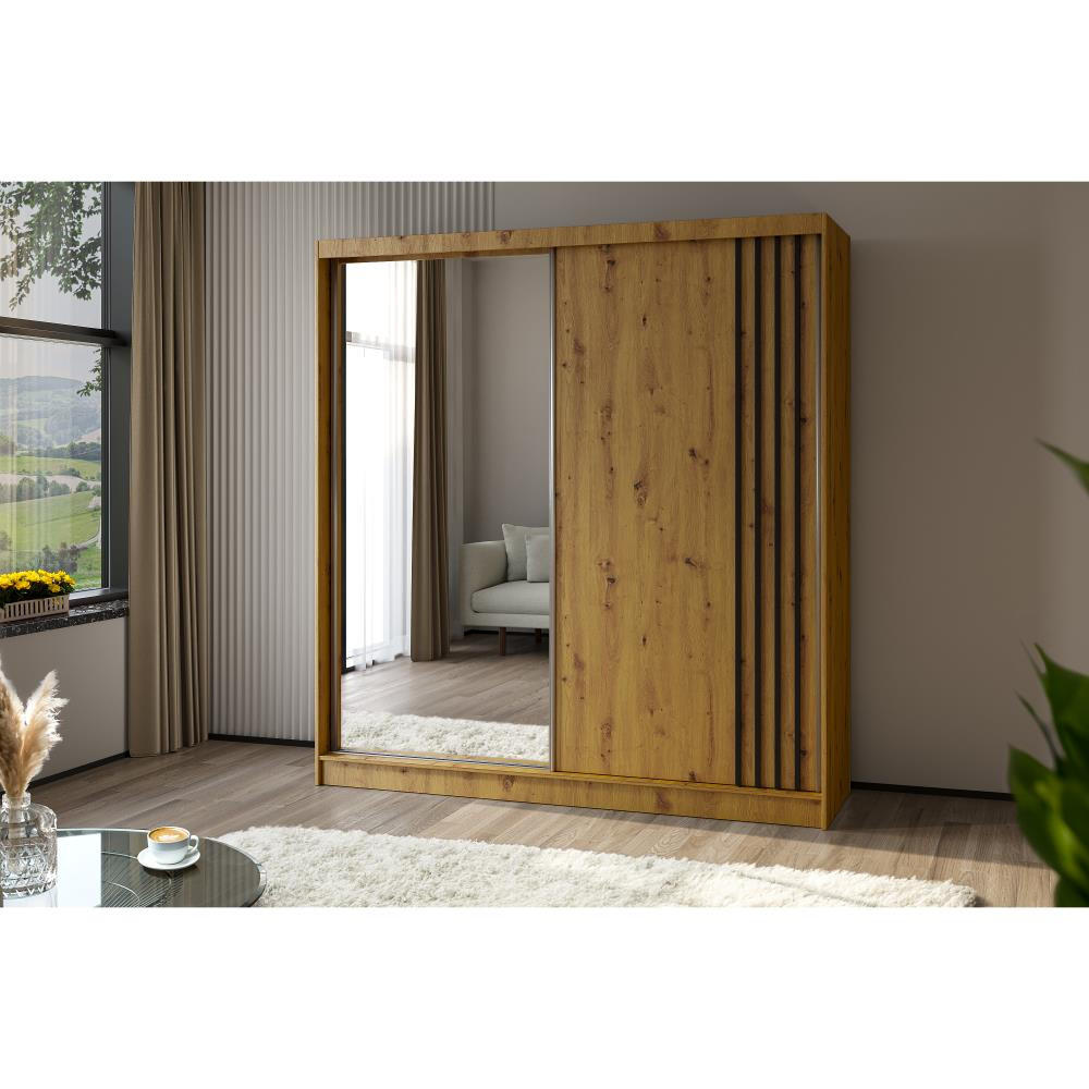 SCHWEBETÜRENSCHRANK Nela II 200/216/61 eiche Artisan mit Schubladen - Eiche Artisan/Grau, Holzwerkstoff (200/216/61cm) - Beautysofa