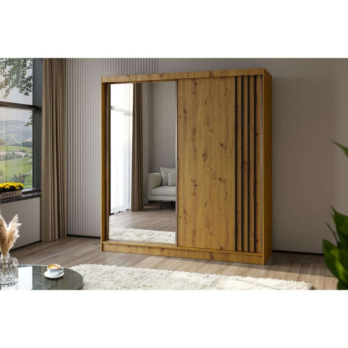 SCHWEBETÜRENSCHRANK Nela II 200/216/61 eiche Artisan mit Schubladen - Eiche Artisan/Grau, Holzwerkstoff (200/216/61cm) - Beautysofa