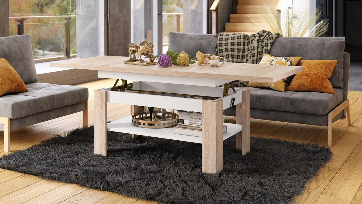 COUCHTISCH rechteckig Sonoma Eiche - Weiß ausziehbar höhenverstellbar - Weiß/Sonoma Eiche, Holzwerkstoff (65/130/58cm) - designimpex