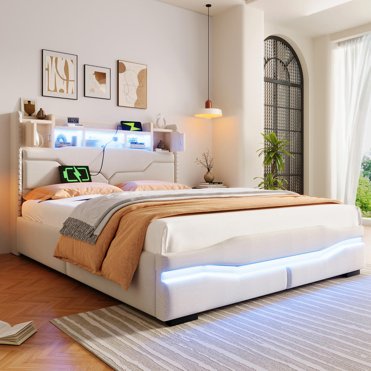 POLSTERBETT 140/200 cm mit Bettkasten, LED-Beleuchtung und gepolstertem Kopfteil - Beige, Textil (140/200cm) - BEAOK