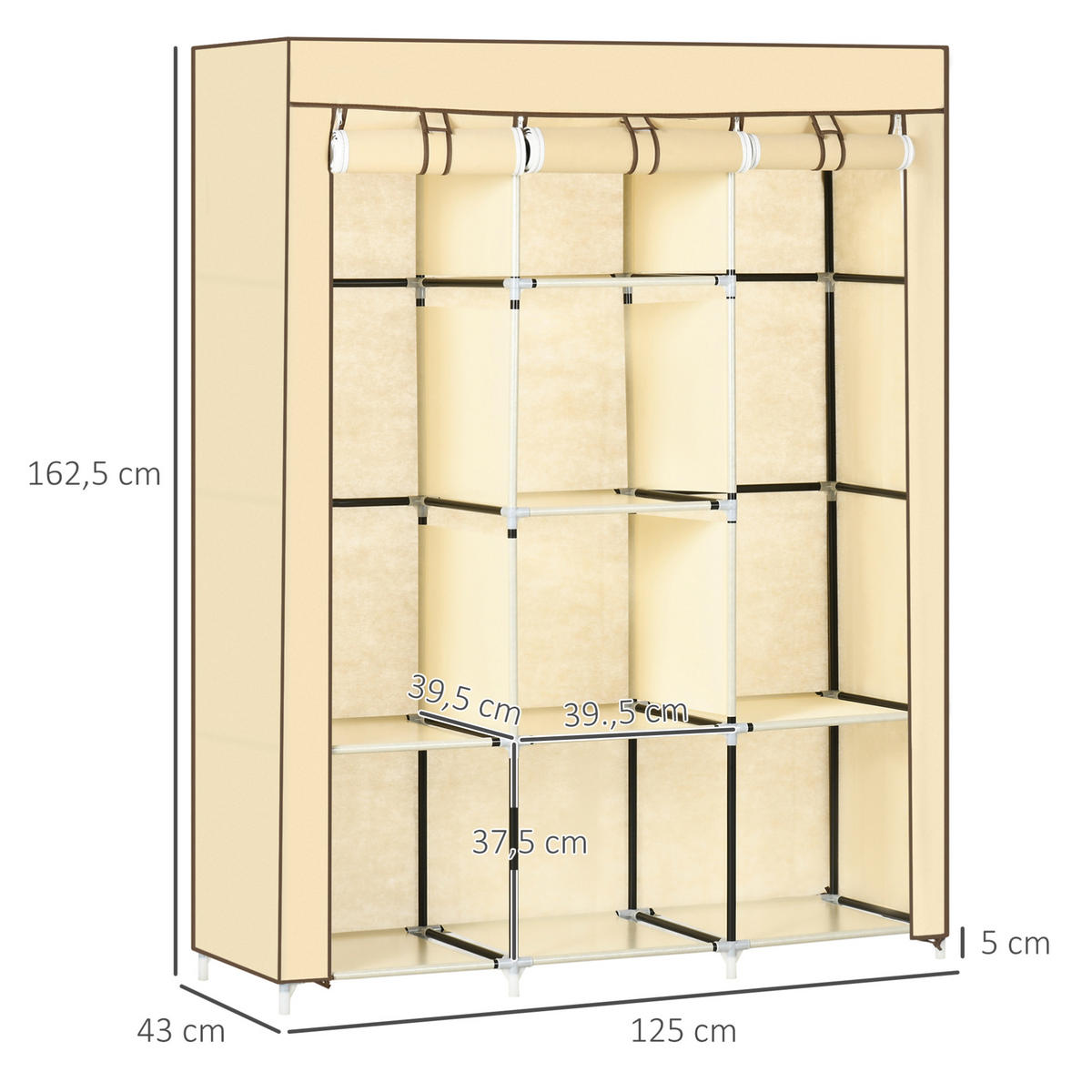 OMARA za oblačila 125/43/162,5 cm z 2 obešalnima palicama in 8 policami, Bež - bež, kovina (125/162.5/43cm) - Redom