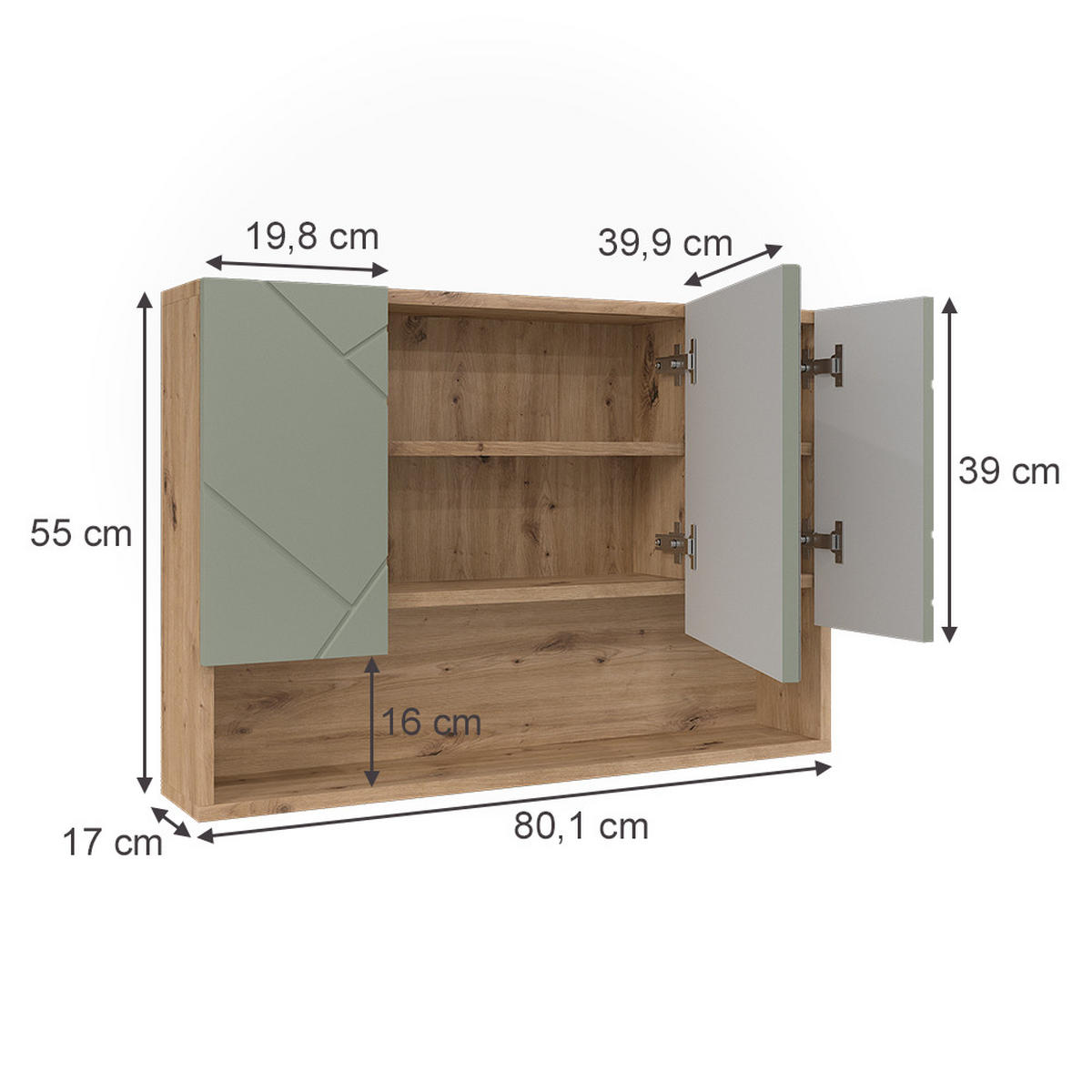 BADSPIEGELSCHRANK Irma Salbeigrün 80.1 x 55 cm - Salbeigrün/Hellgrau, Holzwerkstoff (80.1/55/17cm) - Vicco