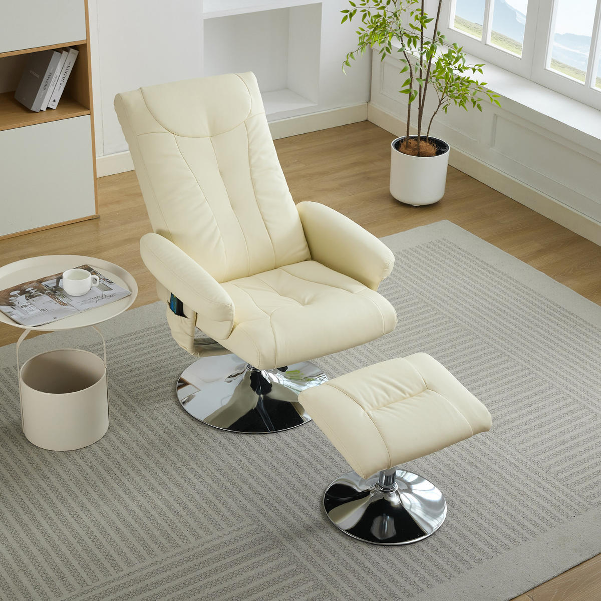RELAXSESSEL PU mit Massage und Sitzheizung inklusive Hocker 76/75/103 cm Beige - Beige, Kunststoff (75/103/76cm) - Redom