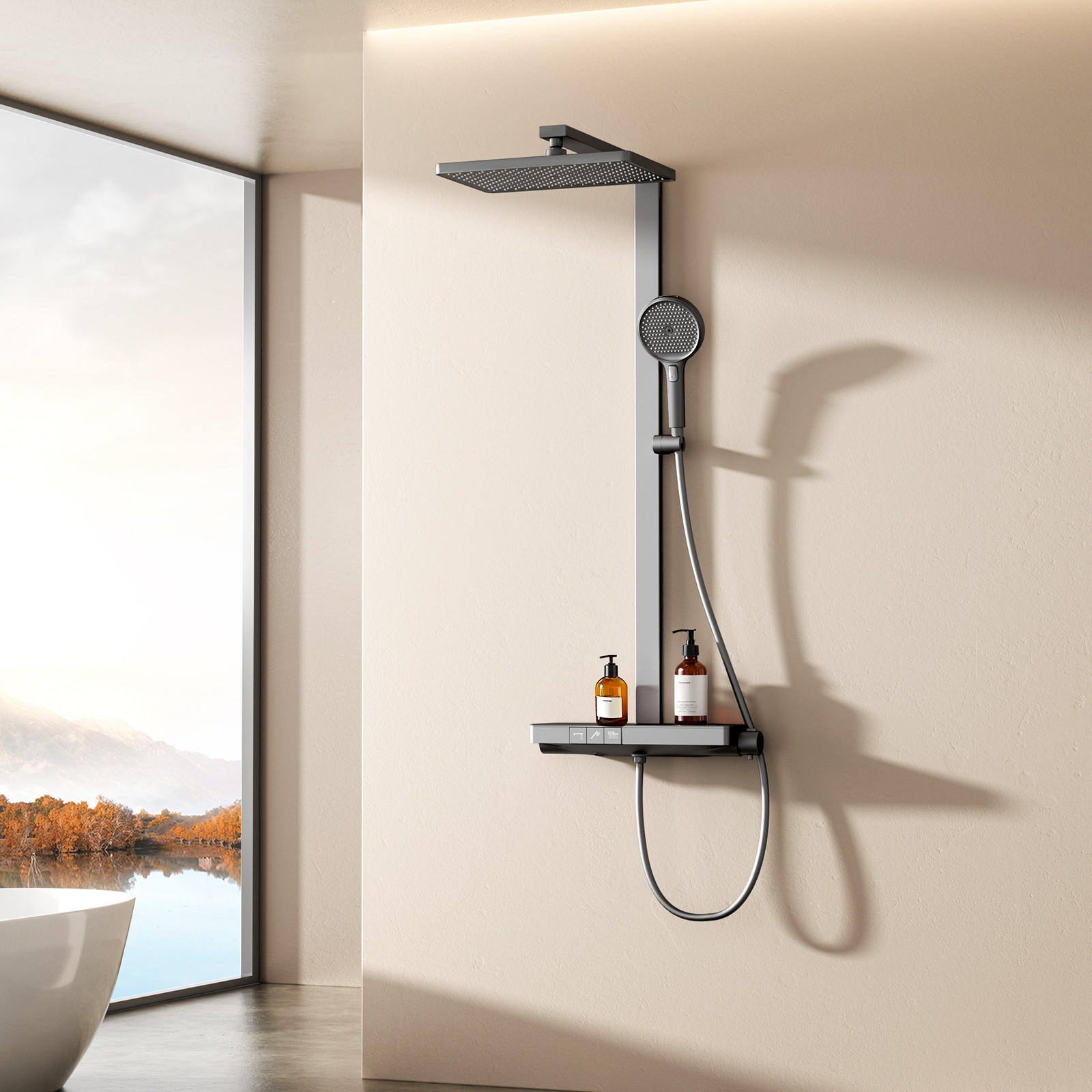 ÜBERKOPFBRAUSESET mit Drei Wasserauslassmethoden Thermostat Hebbar Anthrazit - Anthrazit, Metall (43.7/112.2/62.5cm) - EMKE