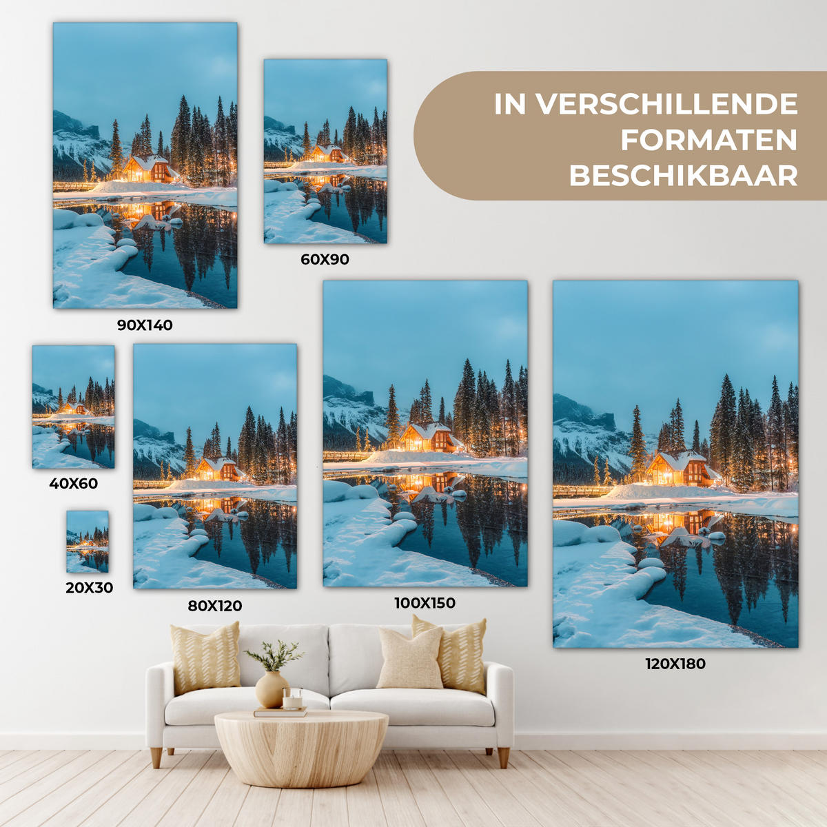 LEINWANDBILD Winterlandschaft - Natur - Haus - Berge - Schnee Deko Groß 90x140 cm - Hellblau, Textil (90/140cm) - MuchoWow