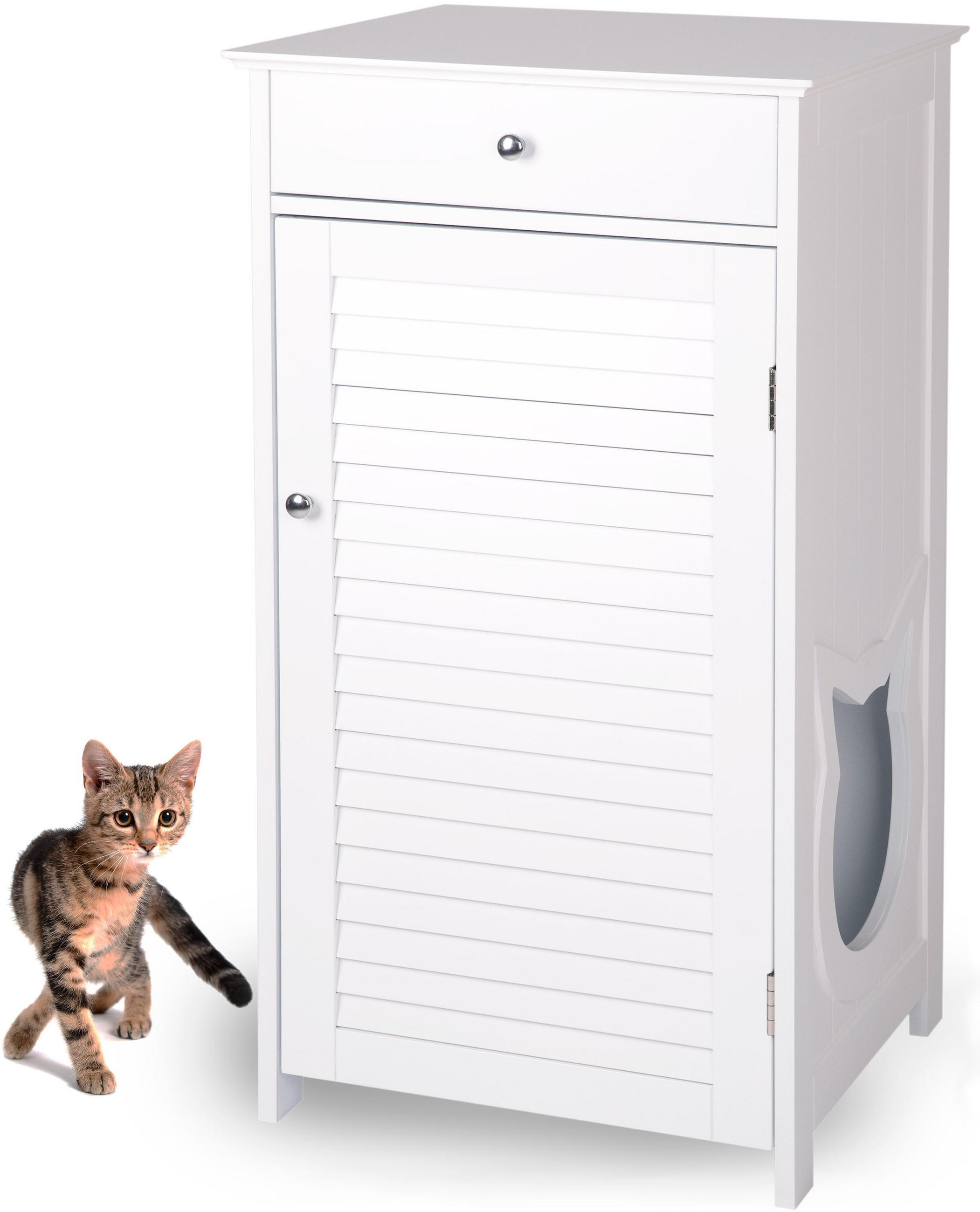KATZENSCHRANK für Katzentoilette groß aus Holz, mit Schublade - Weiß, Holz (51/96/46cm) - WONDERMAKE