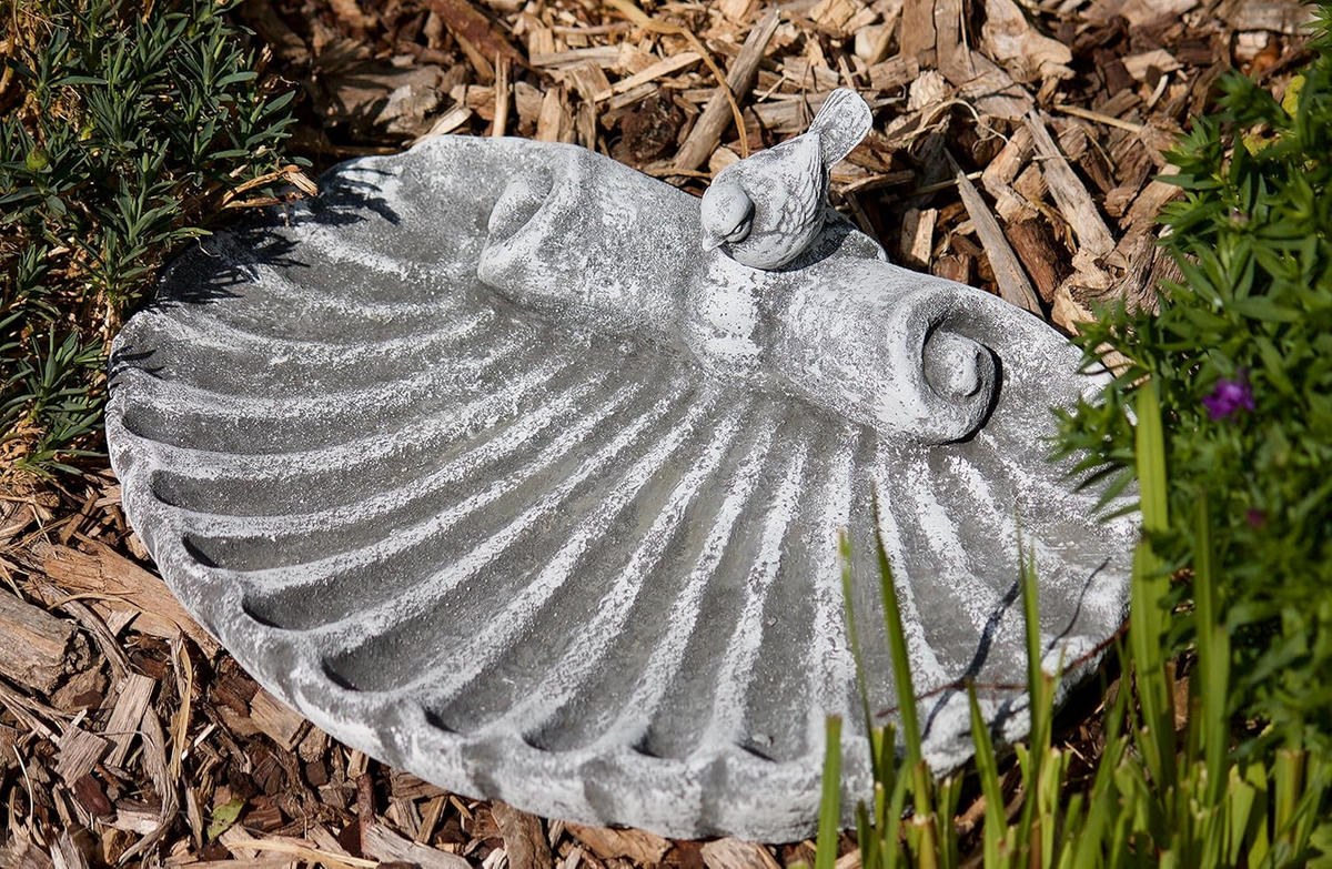 VOGELTRÄNKE Muschel mit steckbaren Vogel frostfest Steinguss - Grau, Stein (35/4/28cm) - stoneandstyle