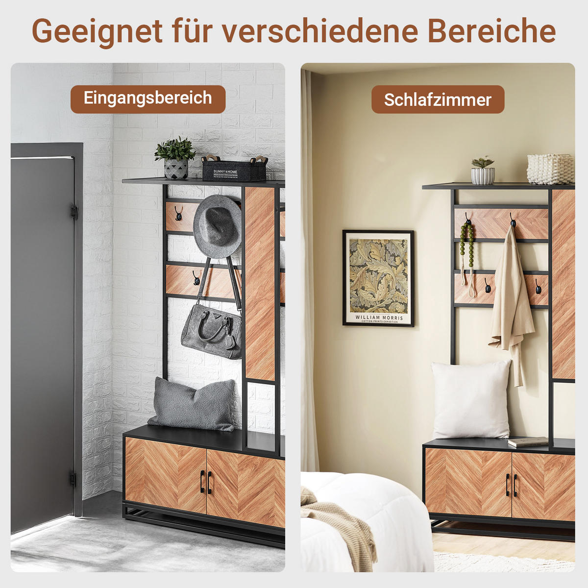 KLEIDERSTÄNDER MIT SITZBANK Vintagebraun-Schwarz - Schwarz/Naturfarben, Holzwerkstoff/Metall (100/180/40cm) - SoBuy