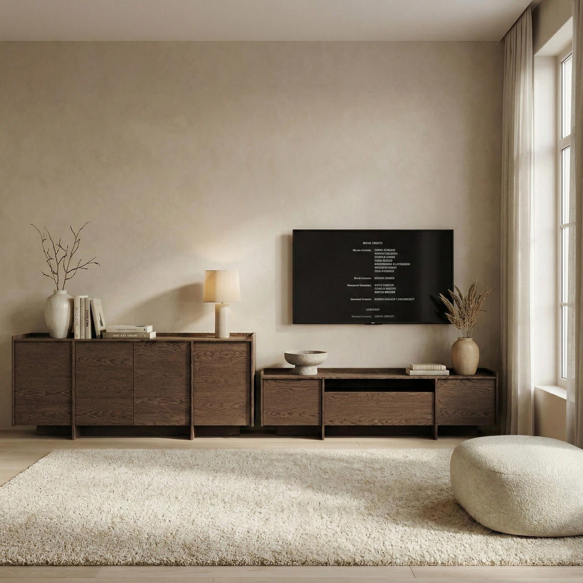 KOMMODE Juni + Lowboard im Japandi Stil, 200 cm, Baltic Storm eiche - Dunkelbraun, Holzwerkstoff (200/90/38cm) - Beautysofa