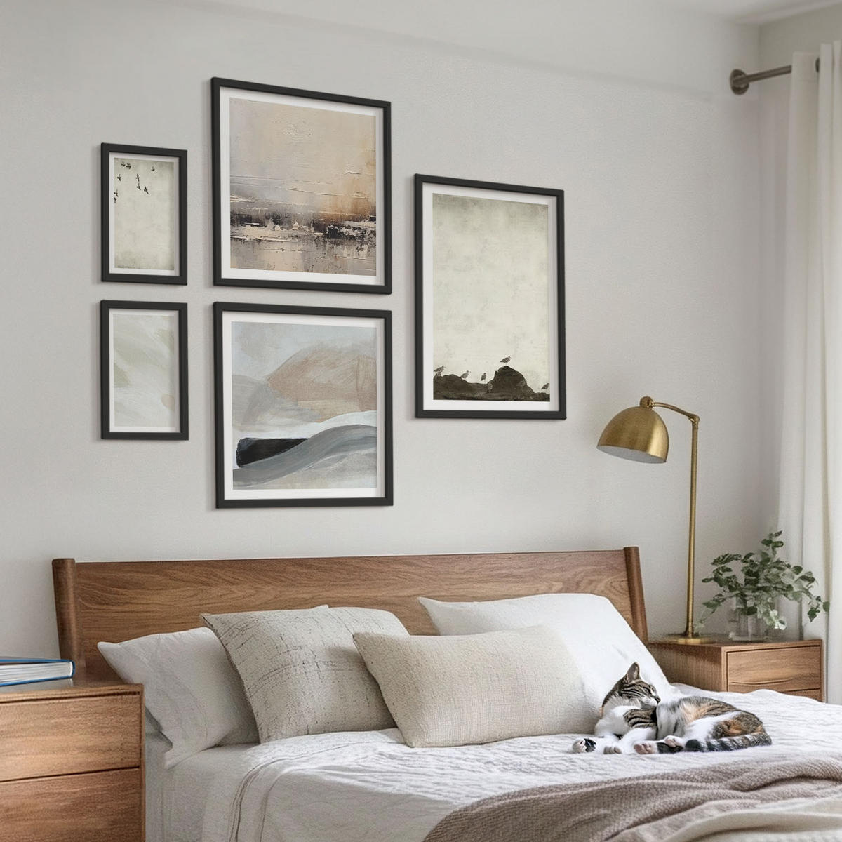 WANDBILDER 5er-Set - 50x50 cm & 20x30 cm & 40x60 cm Schwarzer Rahmen - Vögel, Steine, Pinselstriche, Verzierungen - Schwarz, Kunststoff (40/60cm) - ArtPrintCave