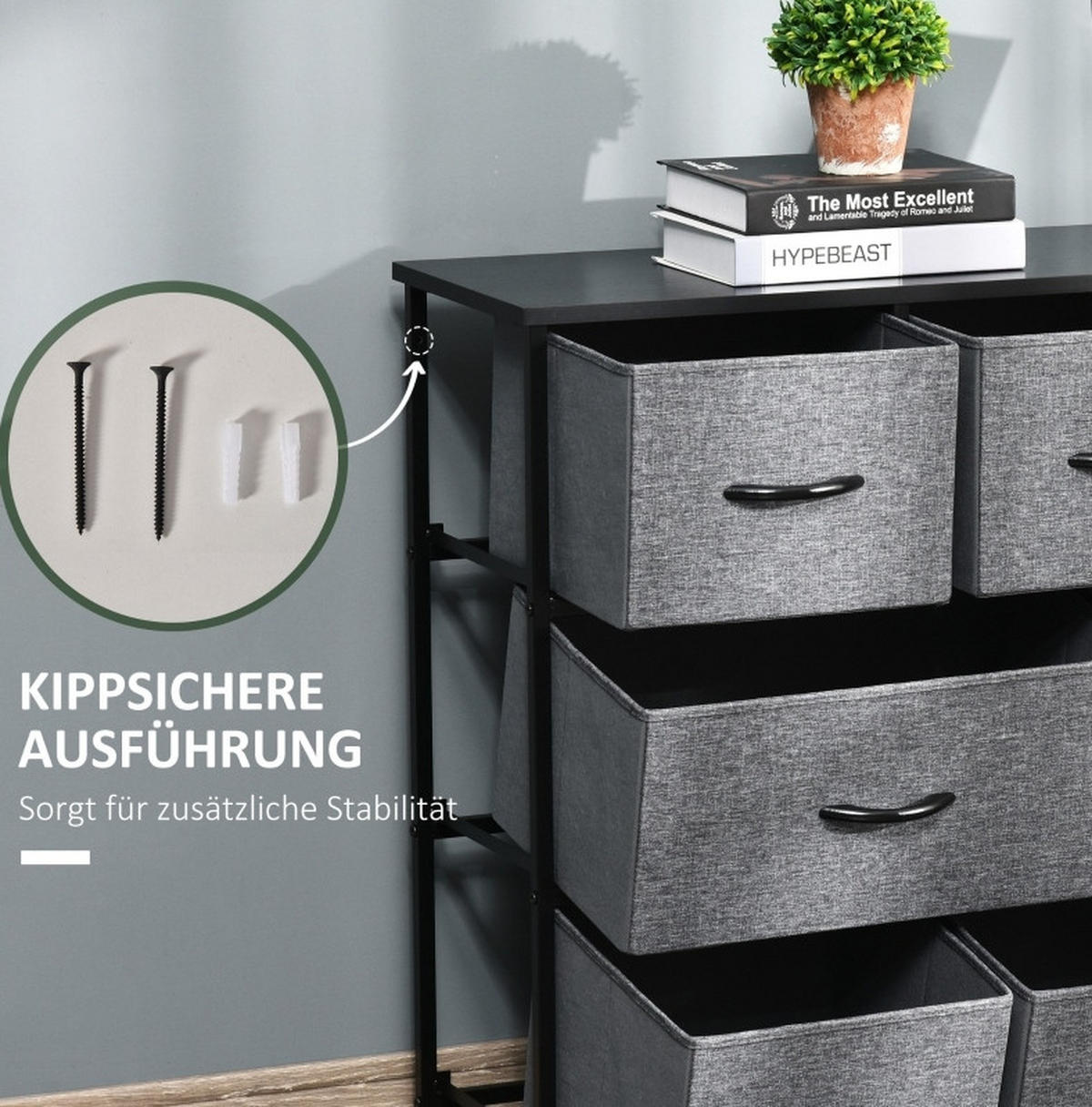 KOMMODE mit 8 Stoffschubladen 100 x 30 x 78,5 cm Dark Gray - Dunkelgrau, Kunststoff (30/78.5/100cm) - Meubliv