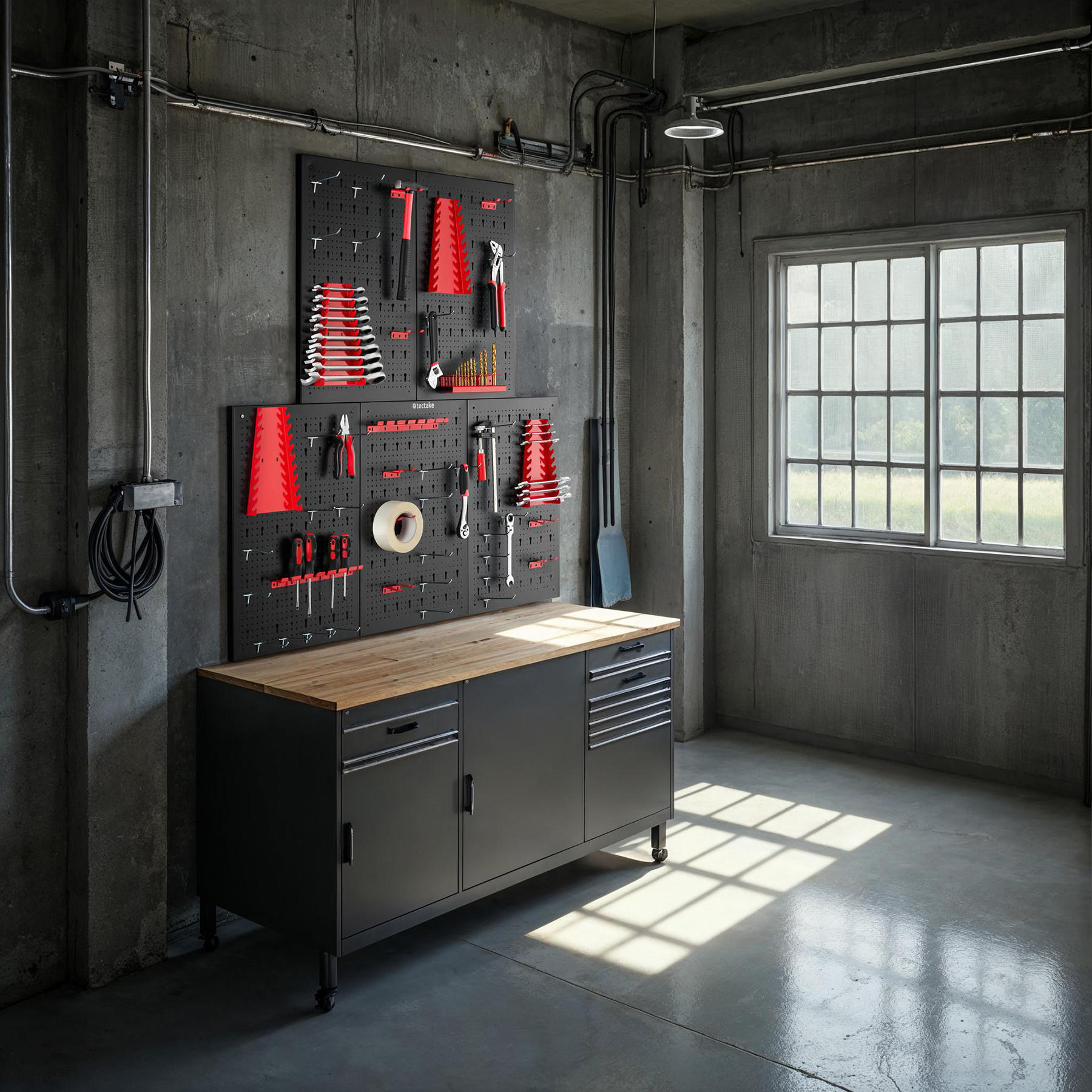 Thumbnail - tectake Werkzeuglochwand, Schwarz, Rot, Metall, 200x60x2 cm, Freizeit, Heimwerken, Werkzeugaufbewahrung