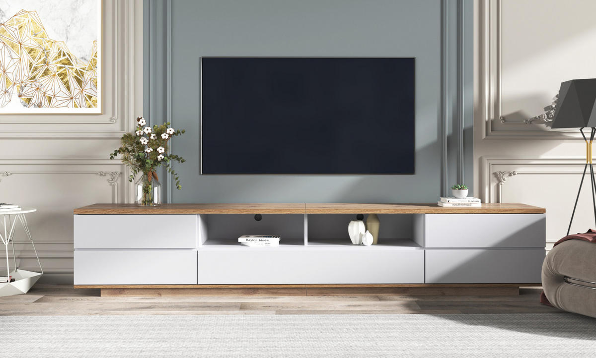 TV-SCHRANK in Weiß und Holzoptik mit 5 Türen und offenen Fächern 180/46/38 cm - Weiß, Holzwerkstoff (180/46/38cm) - Redom