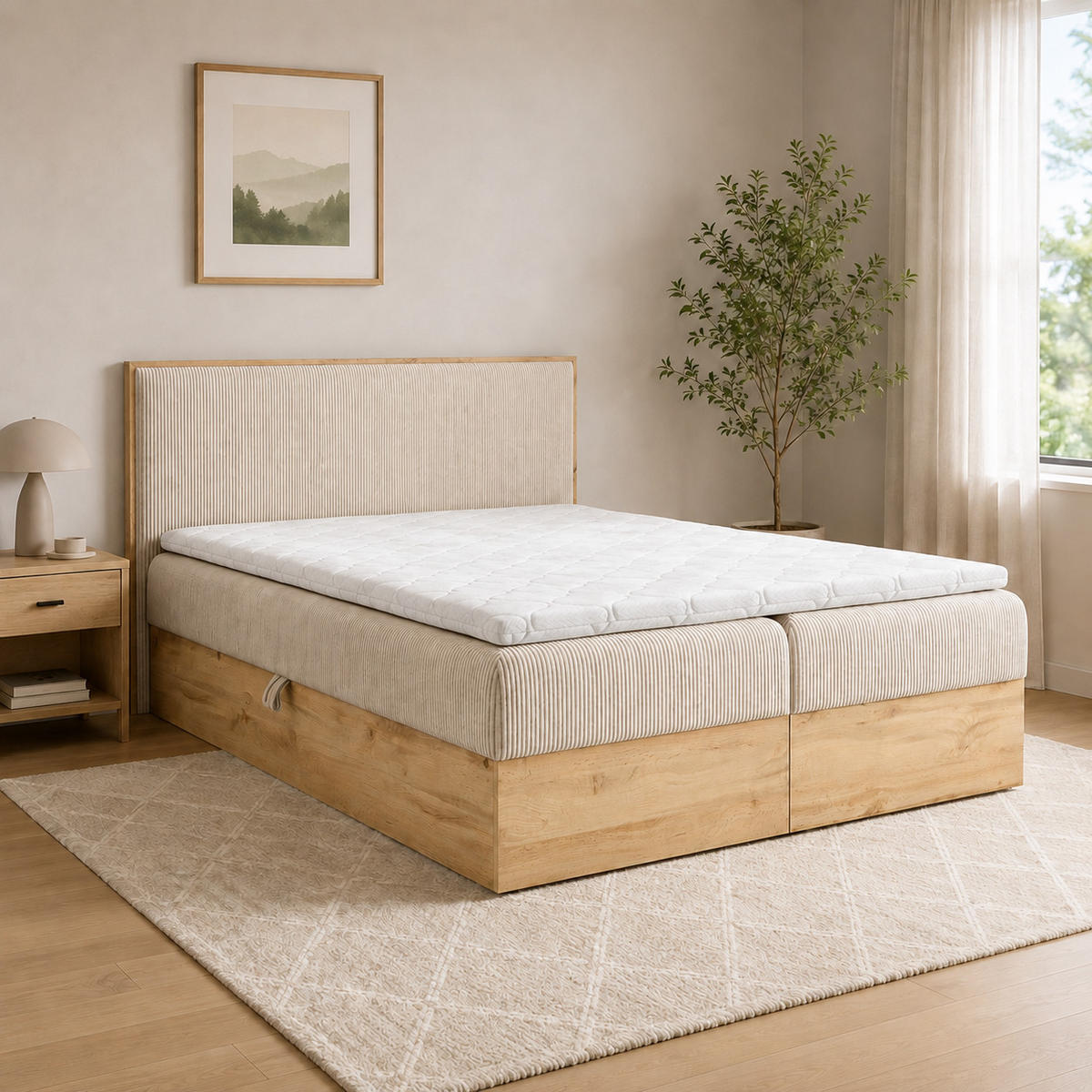 BOXBETT Holzoptik Sonoma mit Topper 120x200 cm Beige - Beige, Textil (120/200cm) - Home Collective