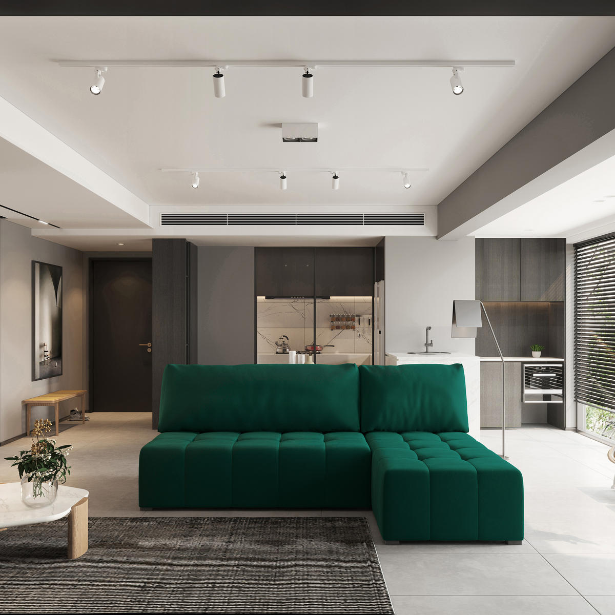 ECKSOFA DOMIRA Grün Plüsch-Stoff mit Schlaffunktion - Grün, Holz (200/141cm) - MASSENO