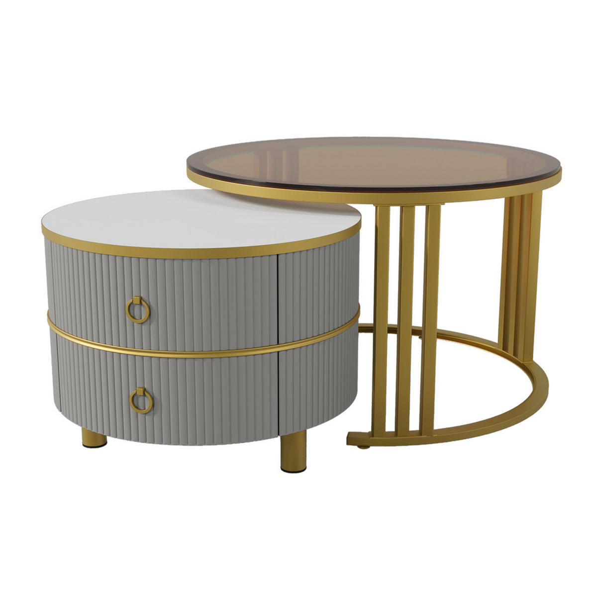 COUCHTISCH 2-in-1 Rund Hochglanz 2 Schubladen Grau Glasplatte - Grau, Holz (56/56/34.5cm) - FLIEKS