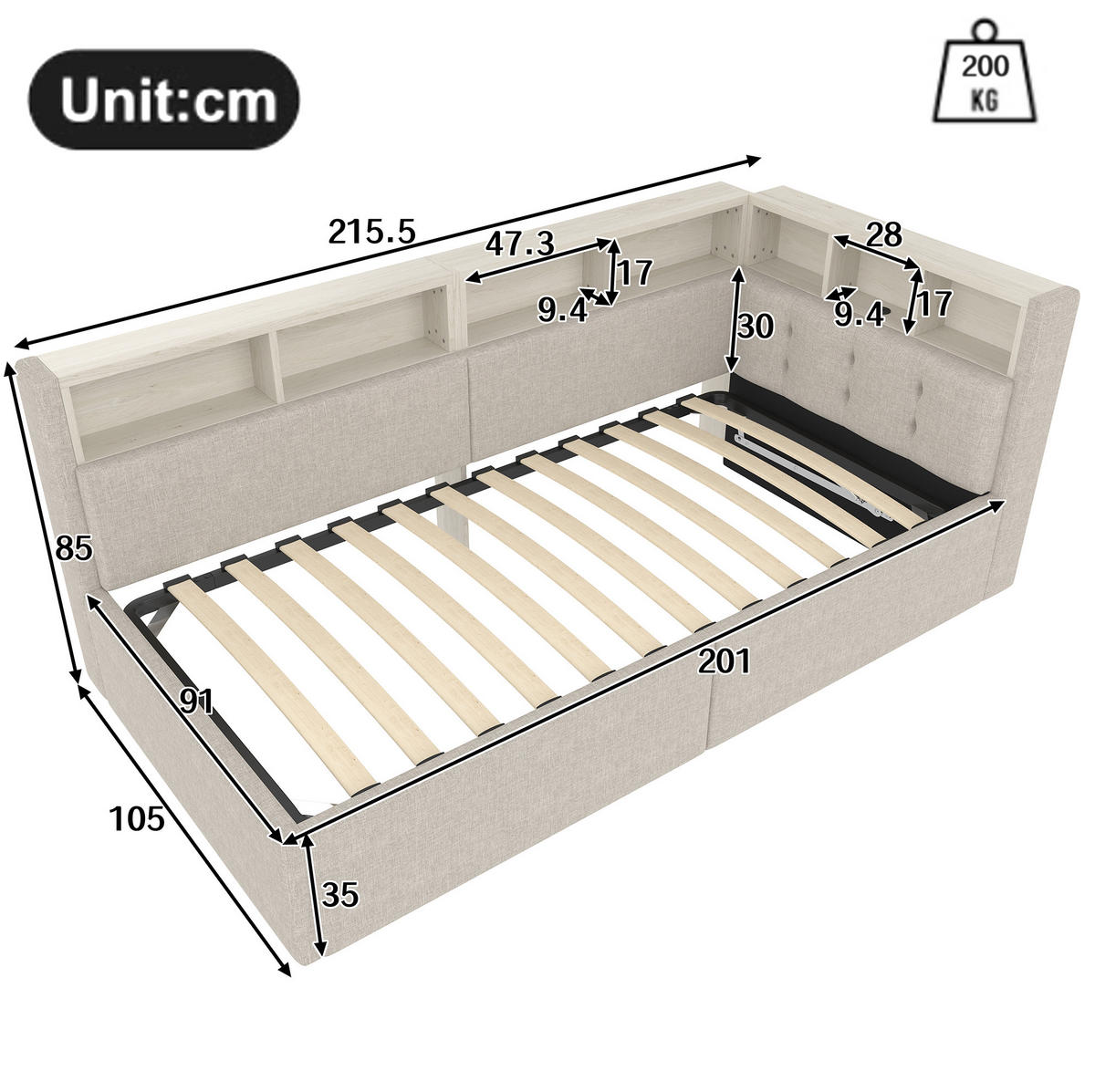 DENNÁ posteľ 90/200 cm béžová z ľanu a MDF s LED osvetlením, úložným priestorom a USB/USB-C - béžová, textil (90/200cm) - OKWISH