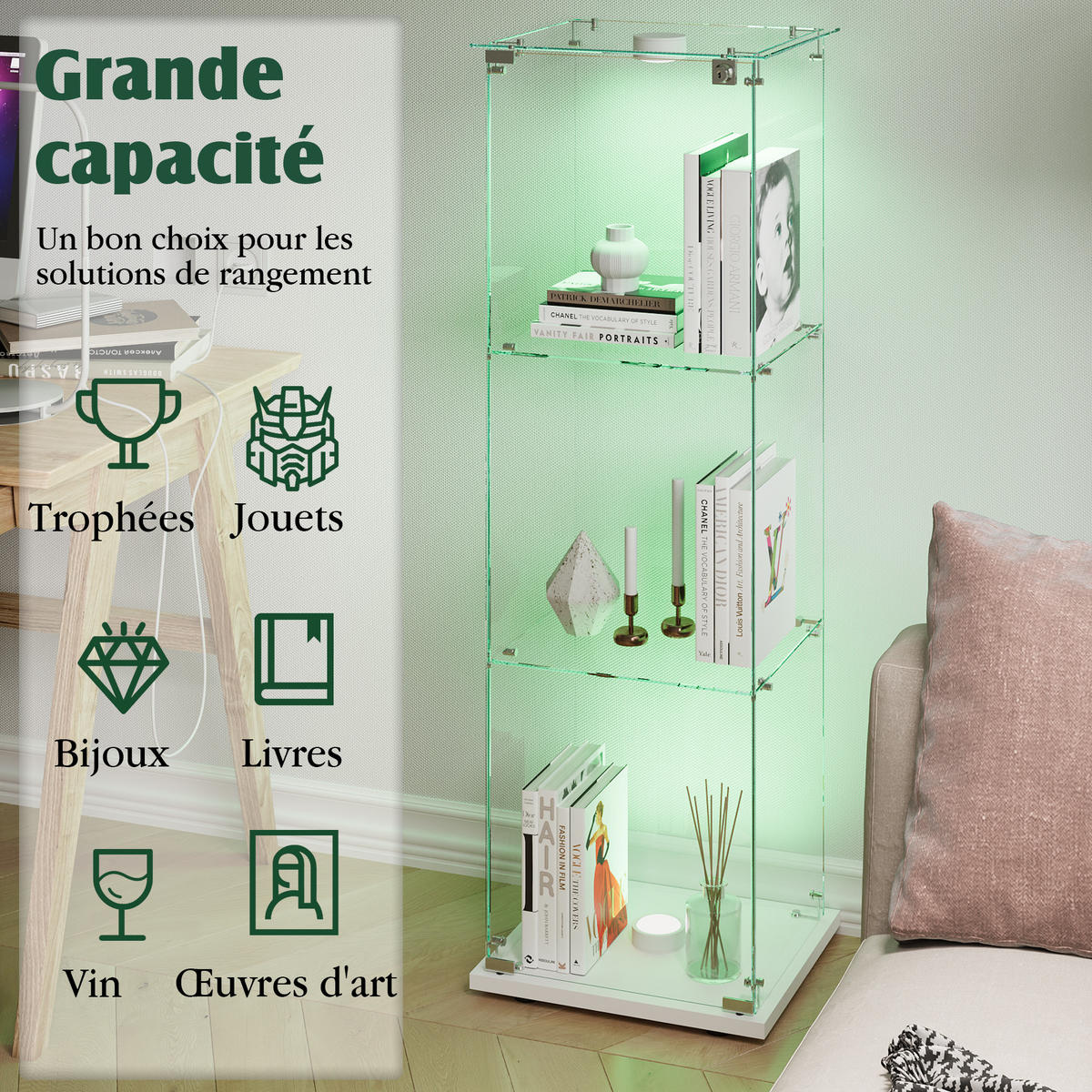 VITRINE 125x42x36 cm, LED, 1 Tür, 3 verstellbare Böden, Weiß - Weiß, Holz (40/123/35cm)