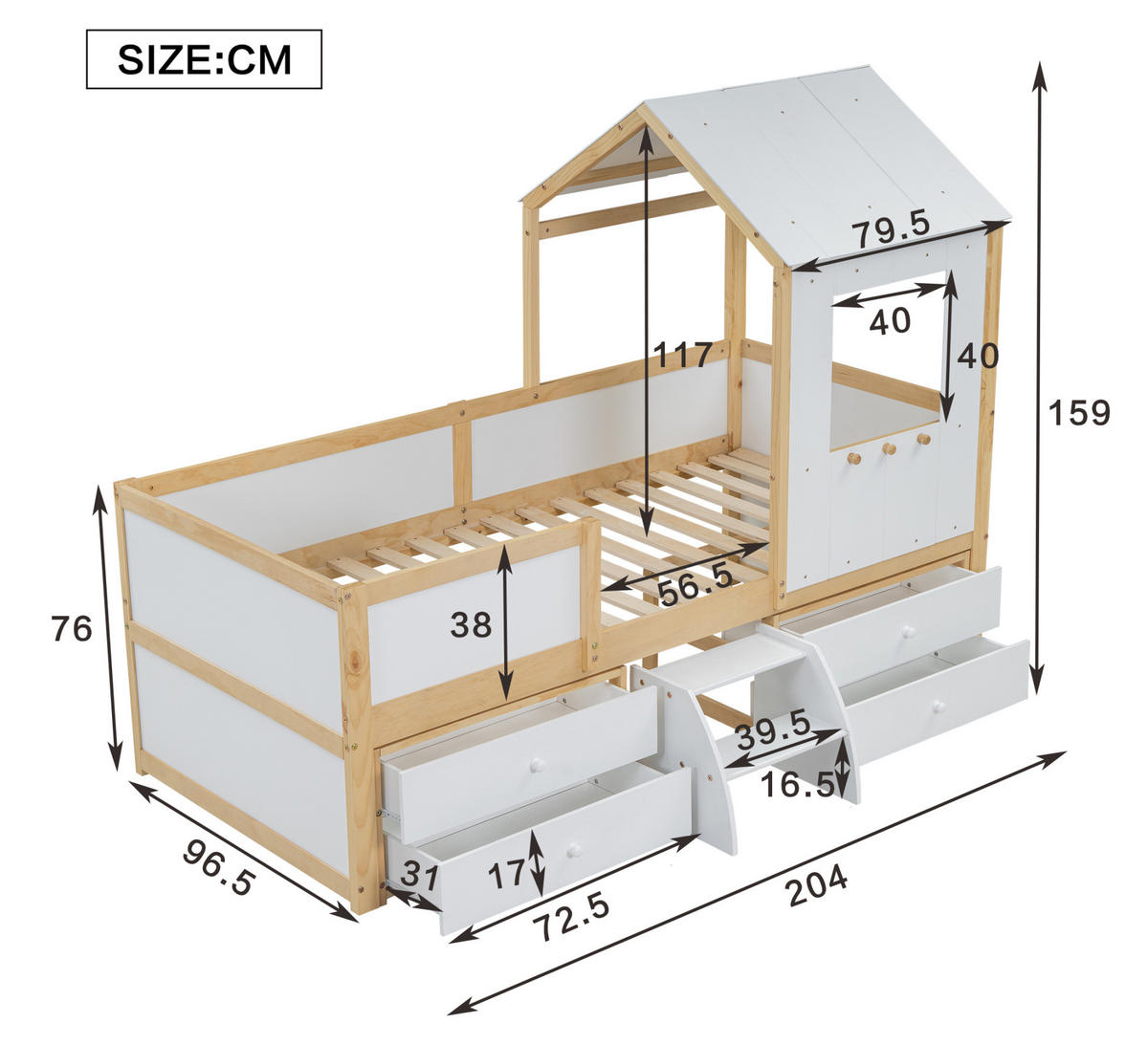 HAUSBETT 90/200 cm halbhoch mit 4 Schubladen und Treppe in Weiß/Natur - Weiß, Holzwerkstoff (90/200cm) - Flora Grace