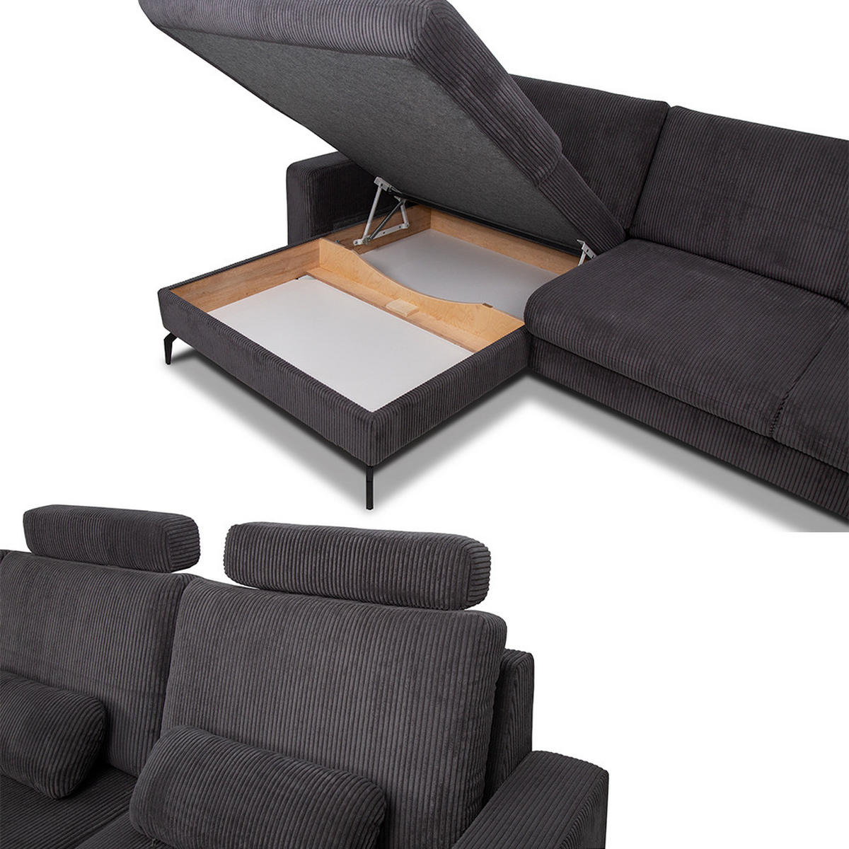 SOFA L FORM Beata Anthrazit 302 x 180 cm mit Bettkasten - Anthrazit, Textil (302/180cm) - VitaliSpa