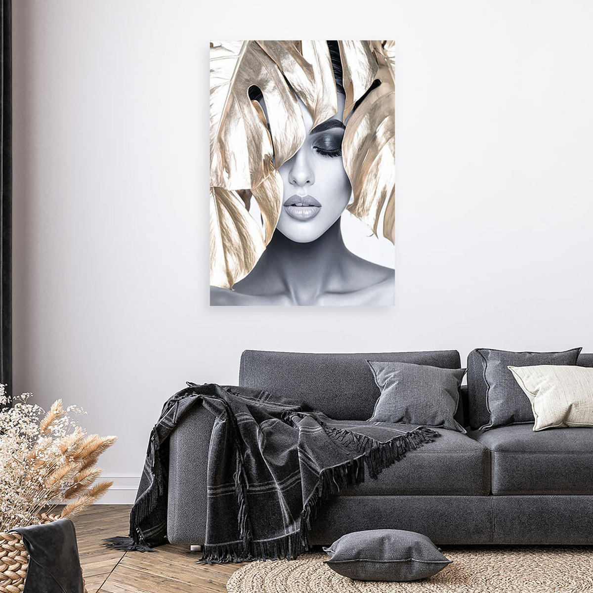 LEINWANDBILD Frau mit goldenen Blättern auf dem Kopf 70x100cm - Grau, Textil (70/100cm) - Feeby