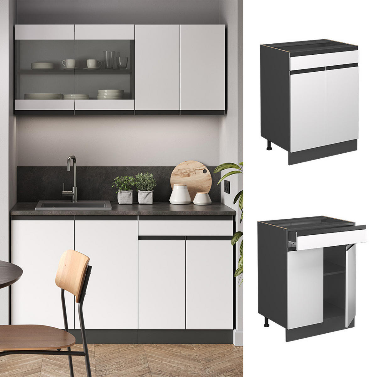 KÜCHENSCHRANK R-Line Weiß 60 cm, AP Anthrazit - Anthrazit/Weiß, Holzwerkstoff (60/81.6/60cm) - Vicco