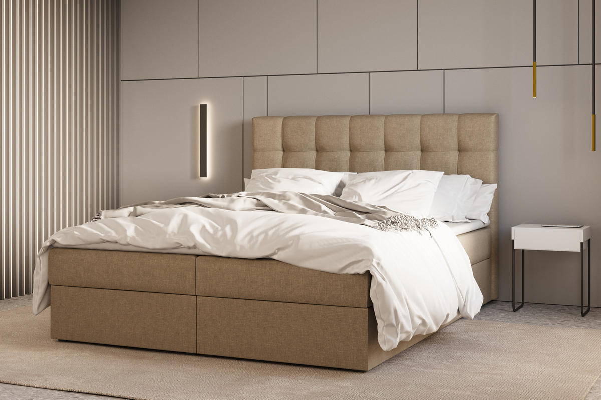 BOXBETT - Bett 05 OSLO - Hugo - 140x200 cm - mit Bettkasten und Waschbarem Topper - Cappuccino, Holz (140/200cm) - ROYAL24_MARKT