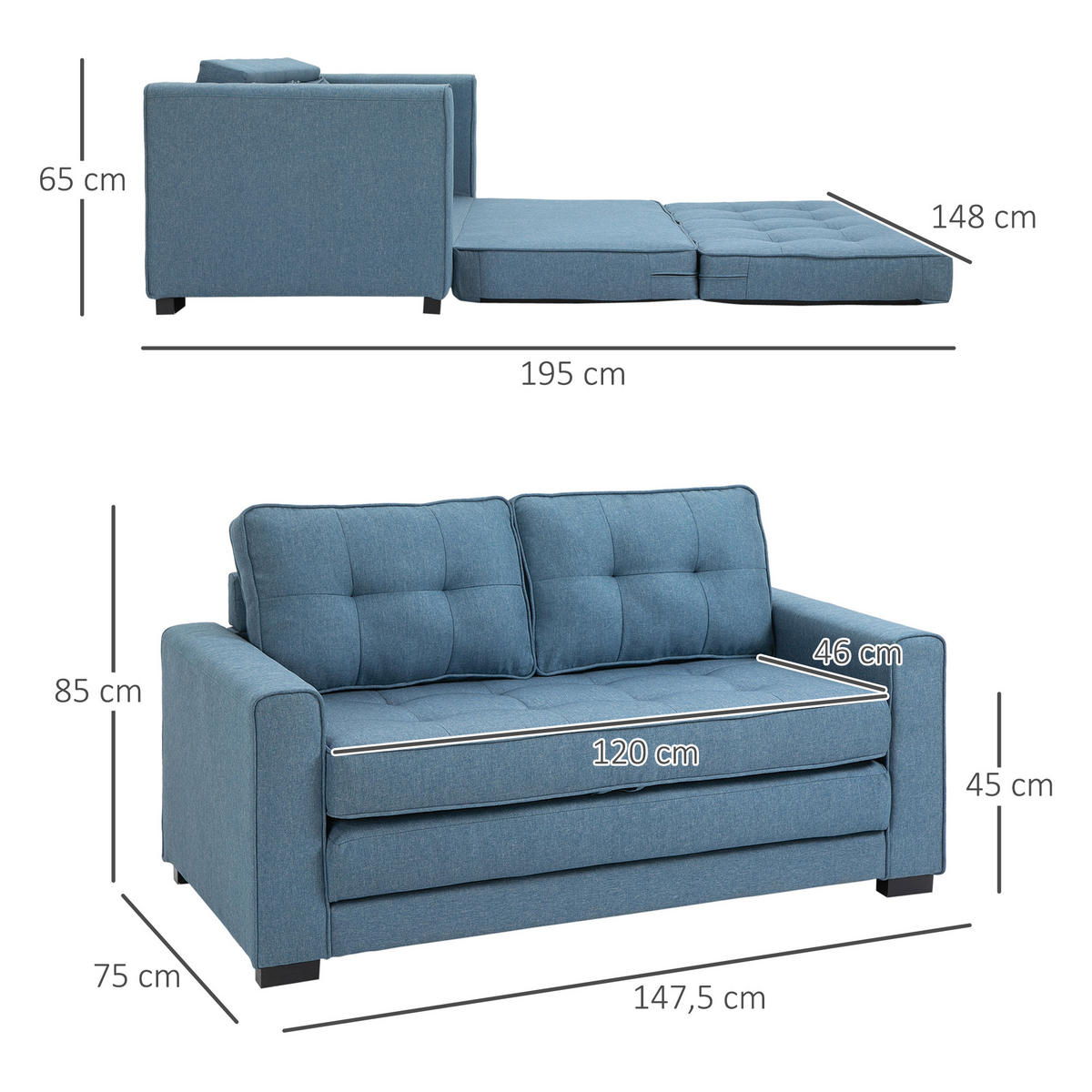 SCHLAFSOFA Klappsofa 2-Sitzer Sofa mit Schlaffunktion Leinen-Touch Holz Blau - Blau/Schwarz, Holz/Textil (75/85/147.5cm) - HOMCOM