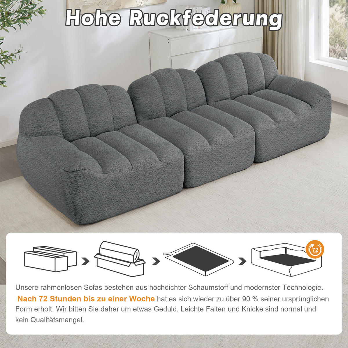 3-SITZER SOFA aus granuliertem Fleece, frameless Lounge-Design ohne Montage - Grau, Textil (288/79/104cm) - Urban Meuble