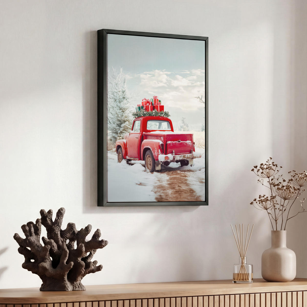 LEINWAND Bilder mit Rahmen - Auto - Rot - Geschenke - Winter - Schnee - Weihnachten - 30x40 - Rot, Textil (30/40cm) - MuchoWow