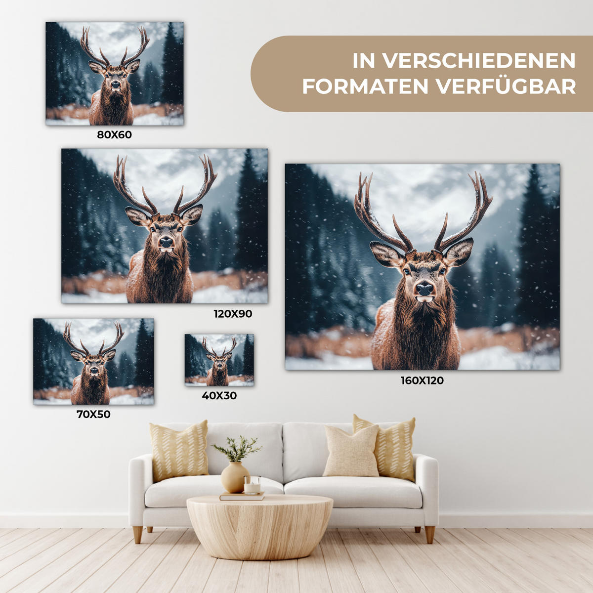 LEINWANDBILD Hirsche - Tiere - Landschaft - Winter - Schnee Wandbilder 80x60 cm - Kastanienfarben, Textil (80/60cm) - MuchoWow