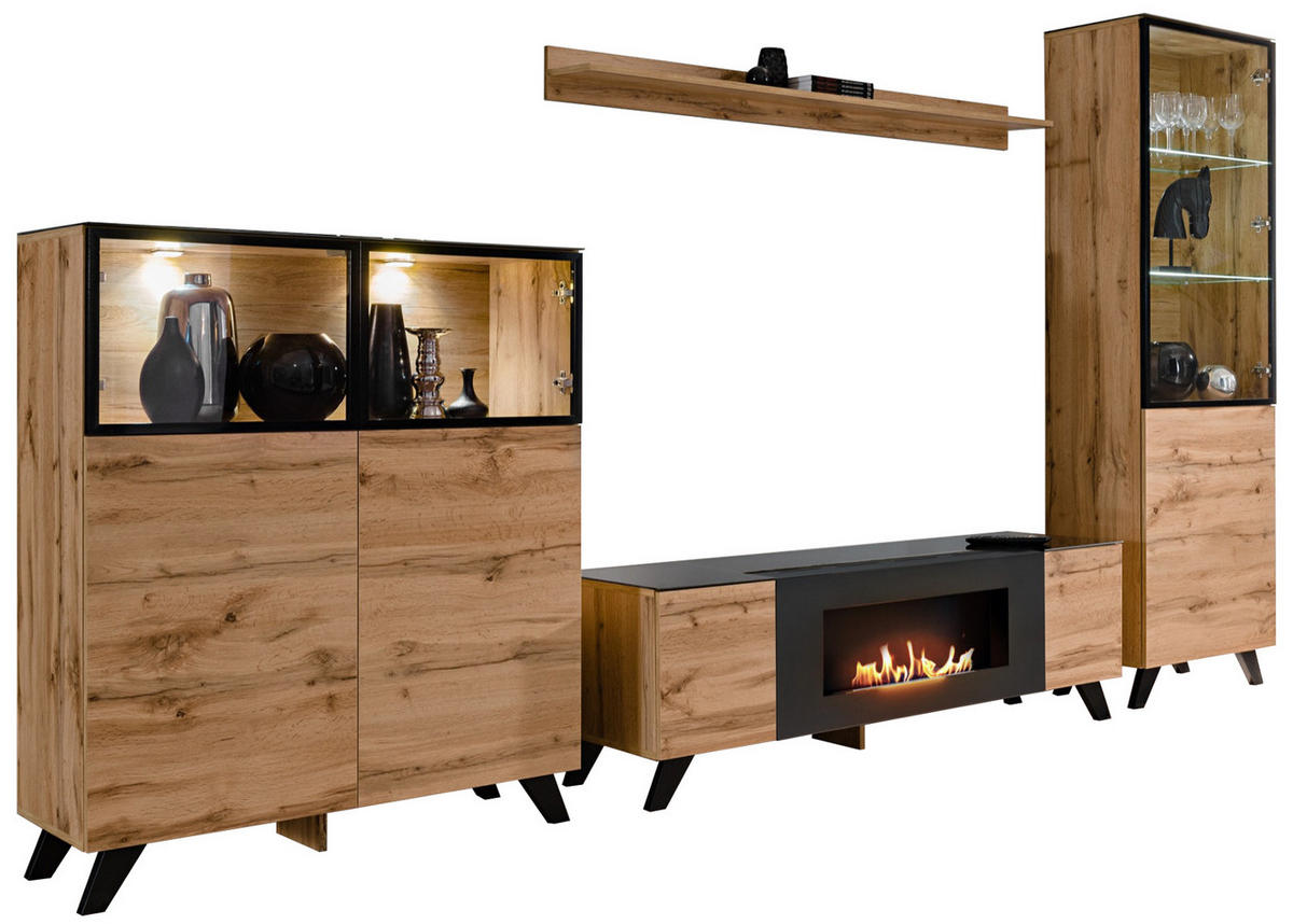 WOHNWAND Wotan Eiche, schwarz 330 cm, Schrankwand mit Kamin, inklusive LED - Eichefarben/Schwarz, Glas/Holz (330/197/45cm) - Inn.Furn
