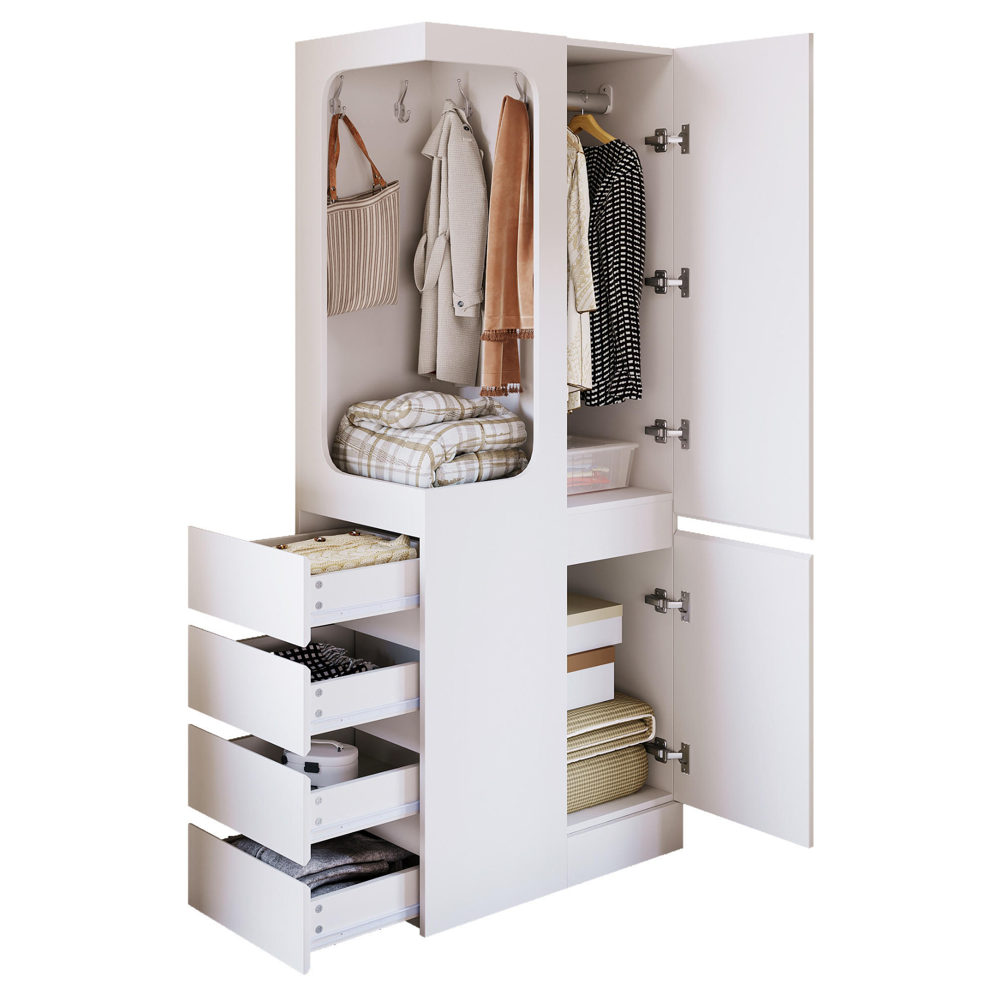 KLEIDERSCHRANK aus Kiefer, Sperrholz und MDF 70x40x170 cm Weiß/Holz mit 4 Schubladen, offener Kleideraufbewahrung und Tür - Weiß, Holzwerkstoff (70/170/40cm) - Modfu
