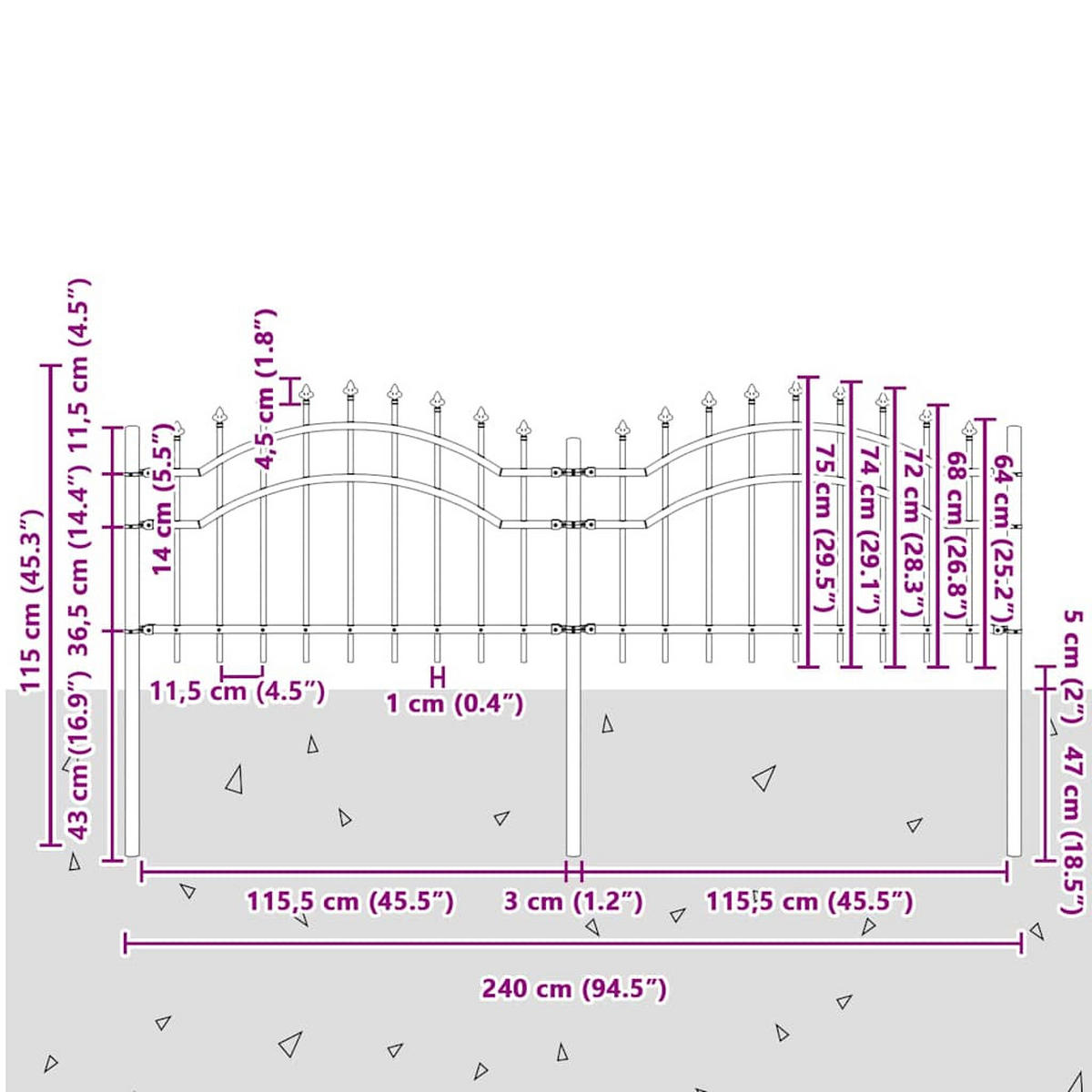 GARTENZAUN Mit Speerspitze Schwarz 240/75 Cm Stahl - Schwarz, Metall (5/115cm) - vidaXL