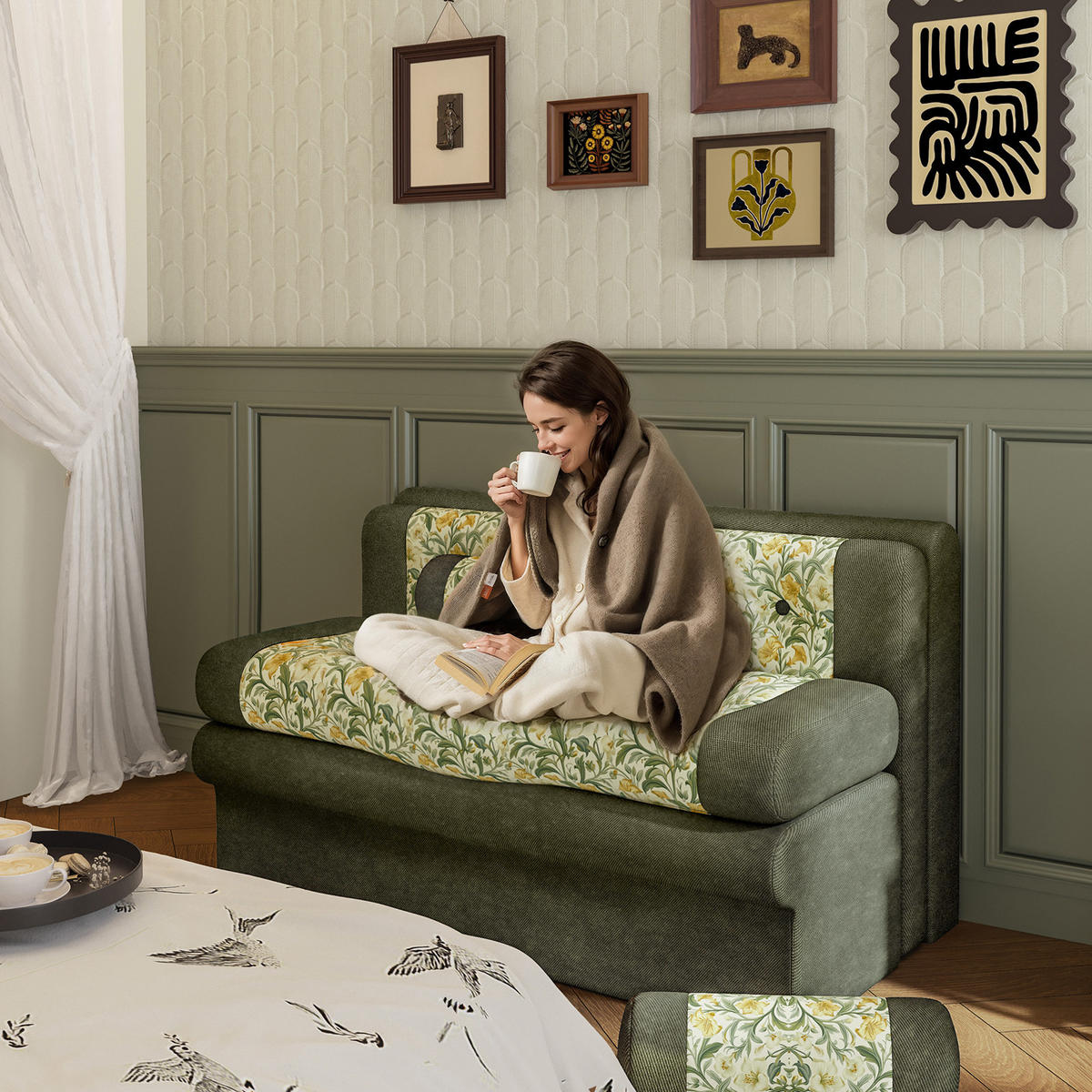 SOFA mit Blumendekor 132x72x48 cm - Grün, Textil (132/72/82cm) - Vercart