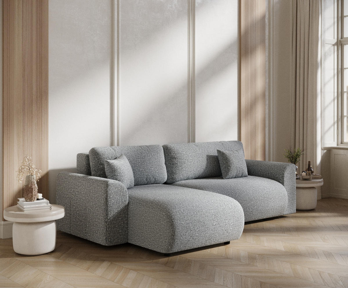 ECKSOFA MIT SCHLAFFUNKTION Bodega Grau Plüschstoff - Schwarz/Grau, Holz/Holzwerkstoff (235/138cm) - Maison de Reve