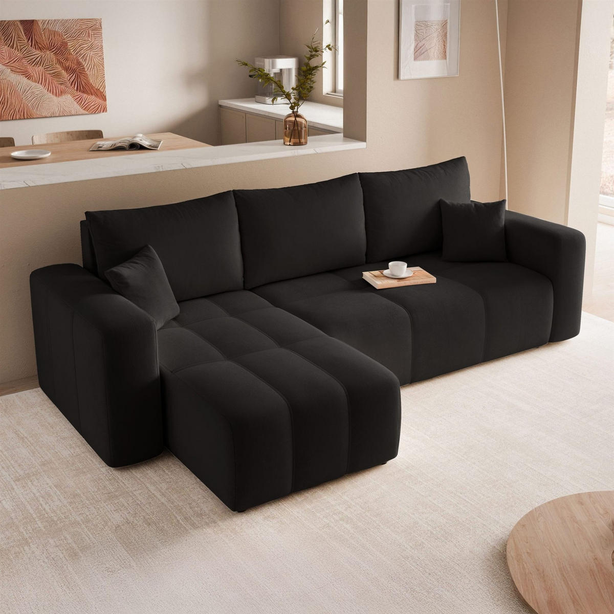 ECKSOFA Leros Mit Schlaffunktion - Schwarz, Holzwerkstoff/Textil (248/145cm) - Fun Möbel