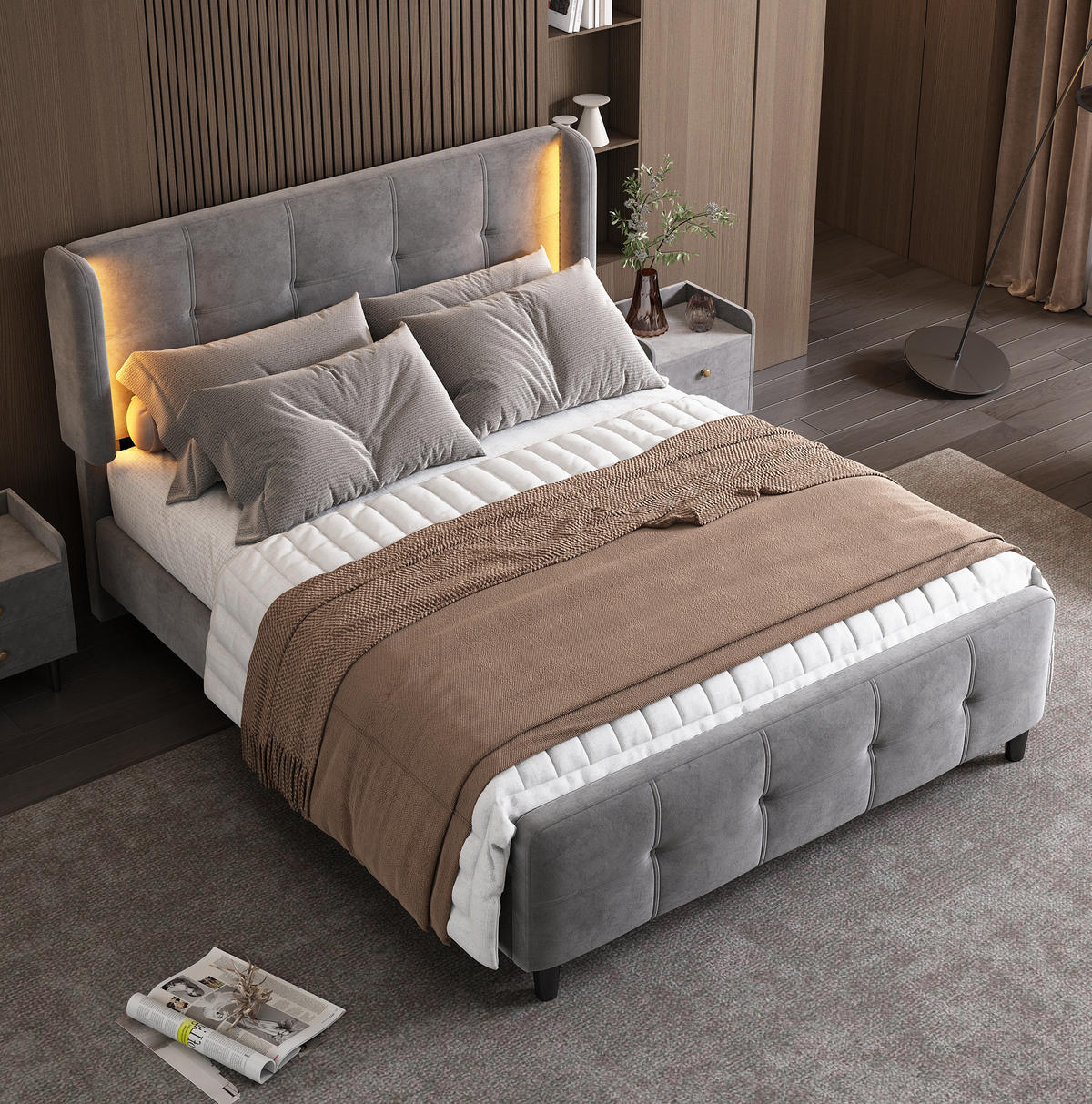 POLSTERBETT 140/200 cm Grau mit LED-Beleuchtung und gesteppter Oberfläche - Grau, Textil (140/200cm) - OKWISH