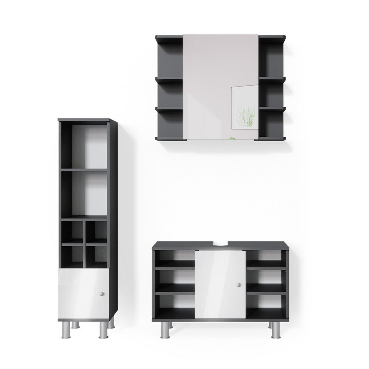 BADMÖBEL-SET Fynn Anthrazit 3 Teile, mit Midischrank Tür klein - Anthrazit/Weiß, Holzwerkstoff (60/54/32cm) - Vicco