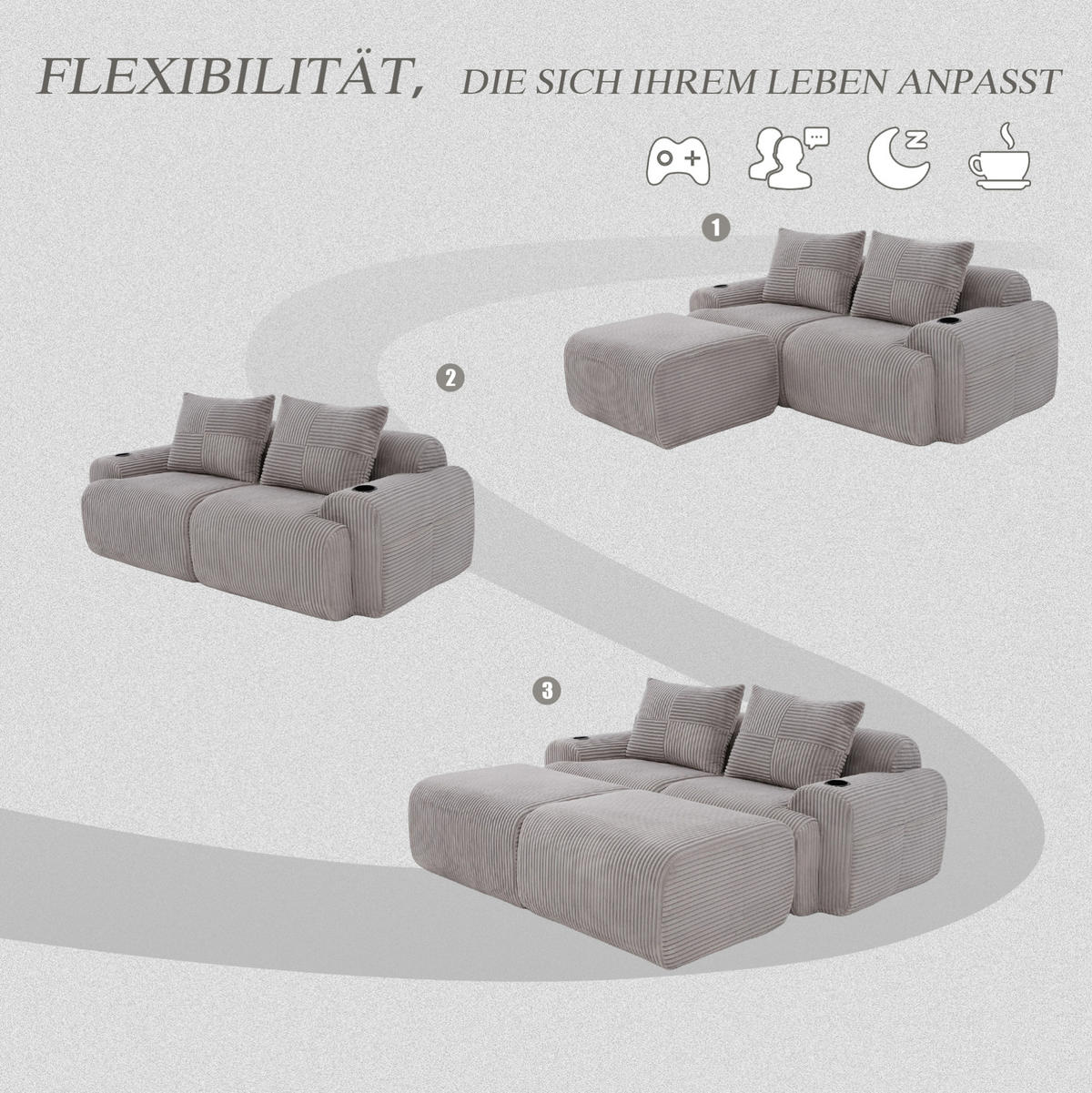 SOFA Modulares 200/174/80 cm in Hellgrau mit Cupholder und Seitentasche - Hellgrau, Textil (174/80/200cm) - Flora Grace