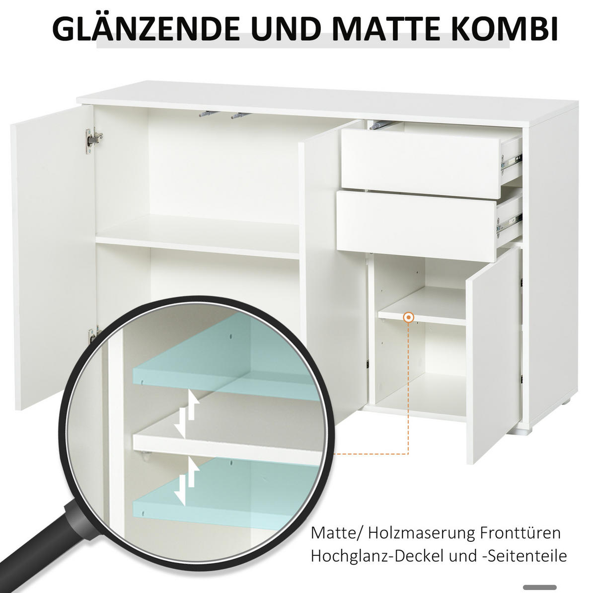 SIDEBOARD aus MDF 117x36x74 cm Weiß mit 2 Schubladen, höhenverstellbaren Einlegeböden und Druckmechanismus - Weiß, Holzwerkstoff (117/74/36cm) - IVMEU