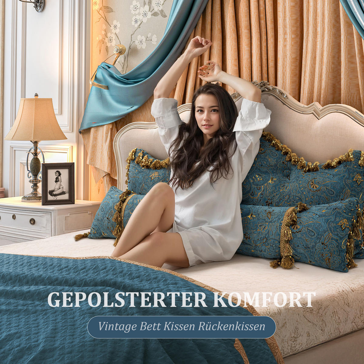 NACHTTISCHKISSEN Golden Flower Türkis 60*140cm 3er-set - Türkis, Textil (15/140cm) - Vercart