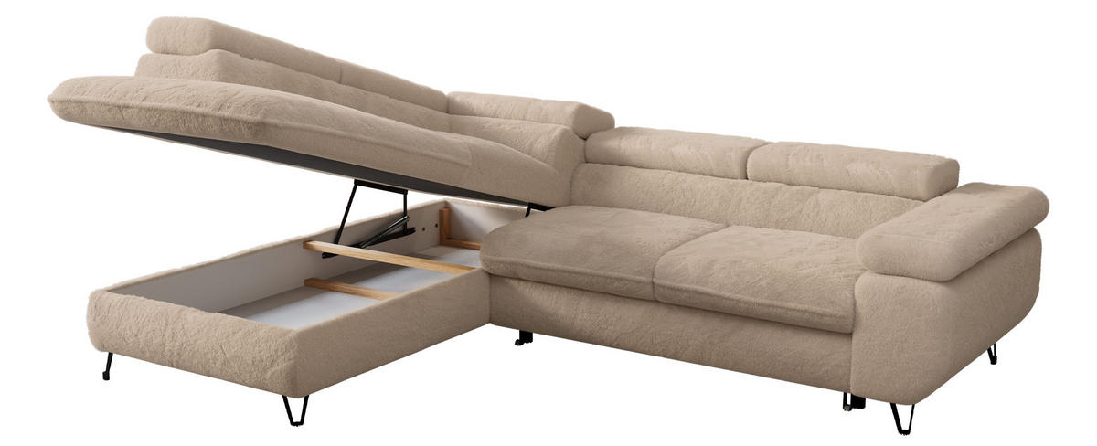 ECKSOFA PETER L Beige Plüsch - Links Seite - Beige/Schwarz, Textil/Metall (208/273cm) - MKS