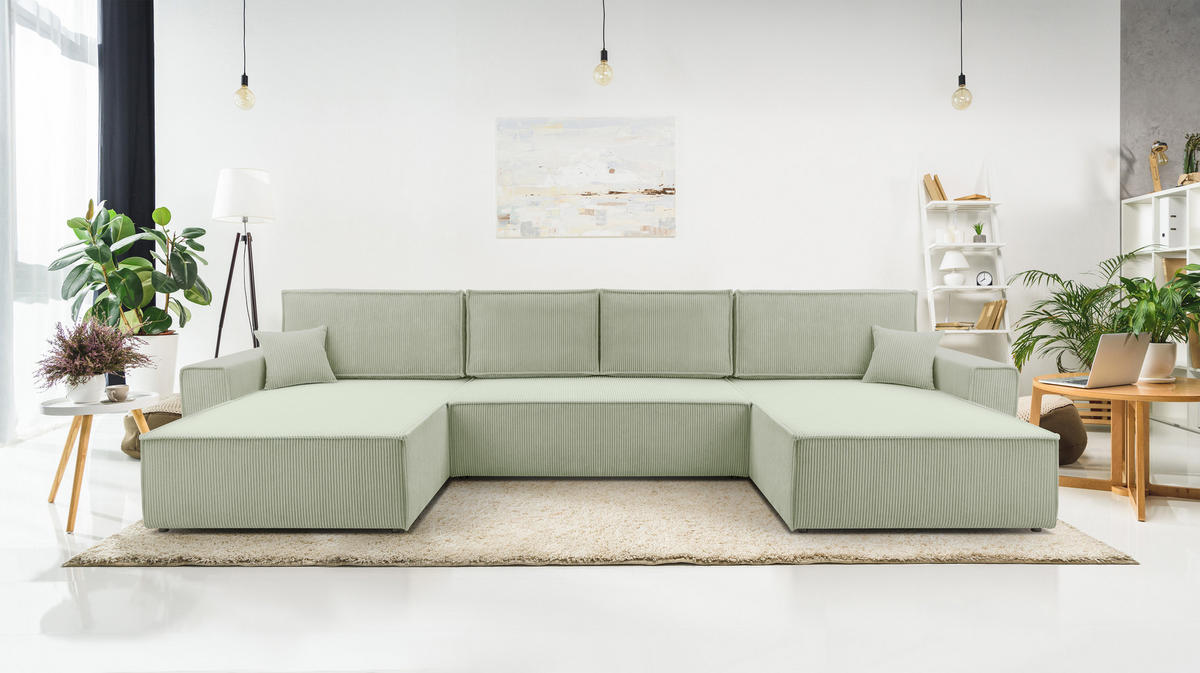 WOHNLANDSCHAFT Cedria Salbeigrün 389/145/85 cm mit Schlaffunktion - Schwarz/Grün, Kunststoff/Textil (389/85/145cm) - AX Living