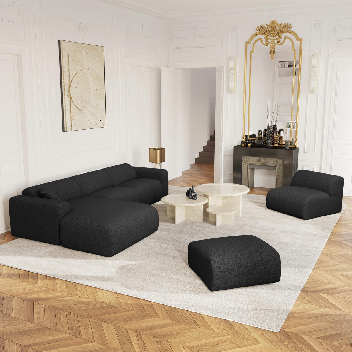 ECKSOFA LINKS Bouclé-Stoff Schwarz 280cm - Anthrazit, Textil (165/280cm) - Sia Home