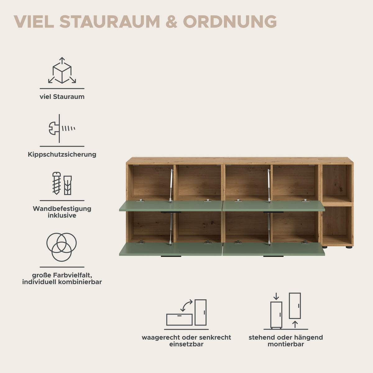 WOHNWAND Primo (B/H/T: ca. 176/67/34 cm) in Artisan Oak /Smoke Green - Eiche Artisan, Holzwerkstoff (176/67/34cm)