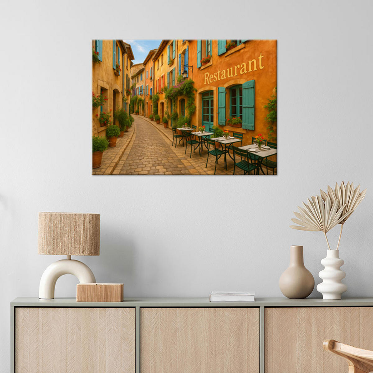 LEINWANDBILD Italienische Straße Restaurant 120x80cm - Orange, Textil (120/80cm) - Feeby