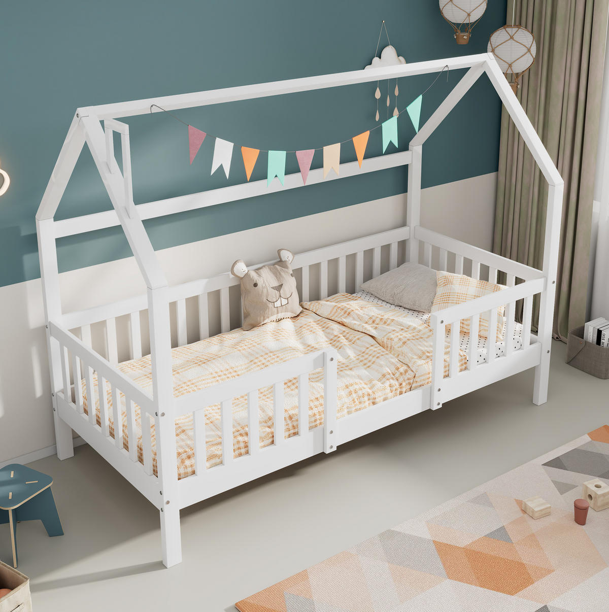 KINDERBETT 90/200 cm mit Dach, Zaun und Lattenrost aus Kiefern, Weiß - Weiß, Holzwerkstoff (90/200cm) - Redom