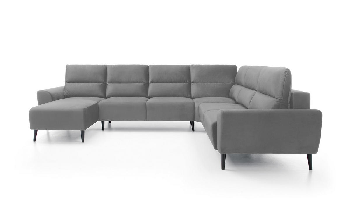 ECKSOFA BOSCO U-Form, Monolith-Stoff, Freistehend, mit verstellbaren Kopfstützen, Sofa für Familien, Größe: 340x270x98cm, Farbe: Esche - Silberfarben, Holz/Textil (270/340cm) - DomoHome
